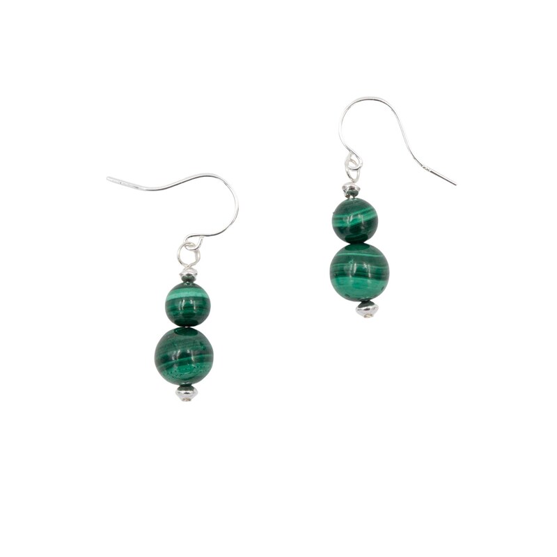 Double Malachite Sterling Silver Earrings - Handmade Natural Malachite Stone Earrings - Green Stone Silver Earrings - Bridal Earrings